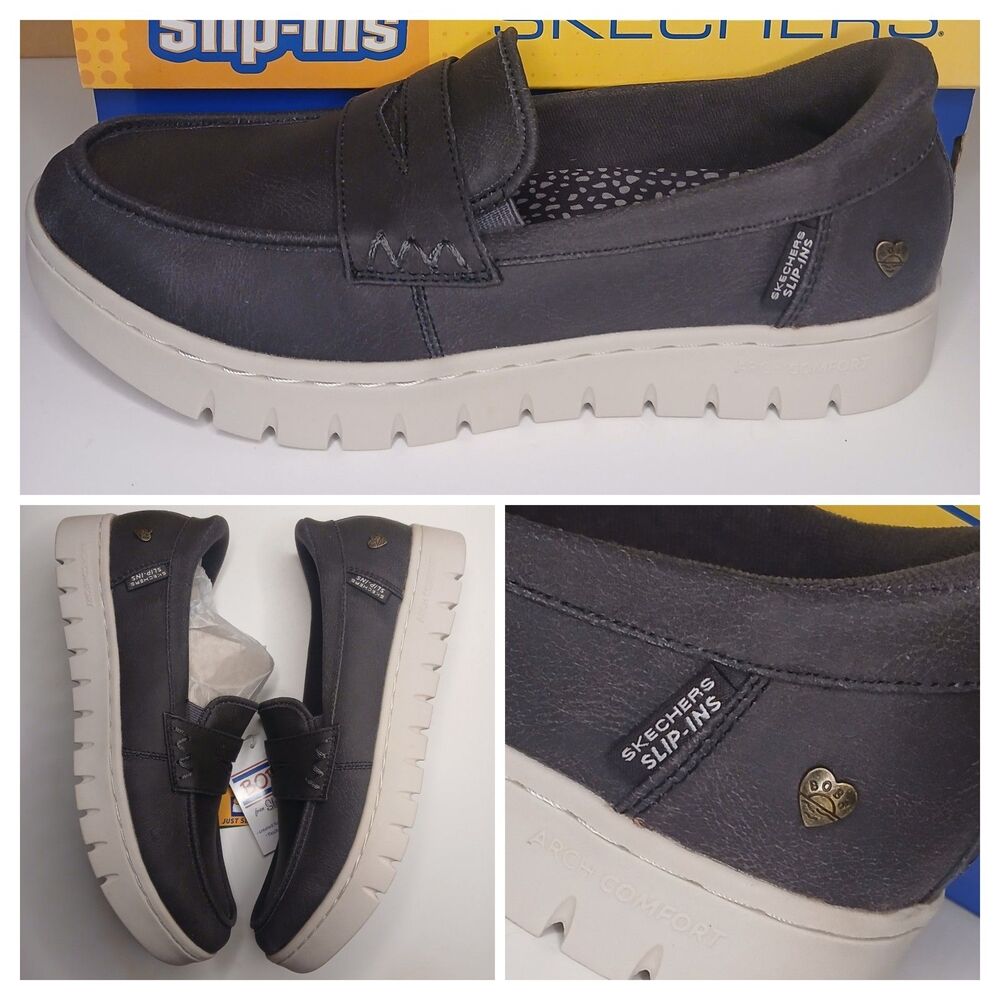 Sketchers Womens Sz 9 Slip-ins Charcoal Gray Arch Comfort Sunfest Loafer NWT
